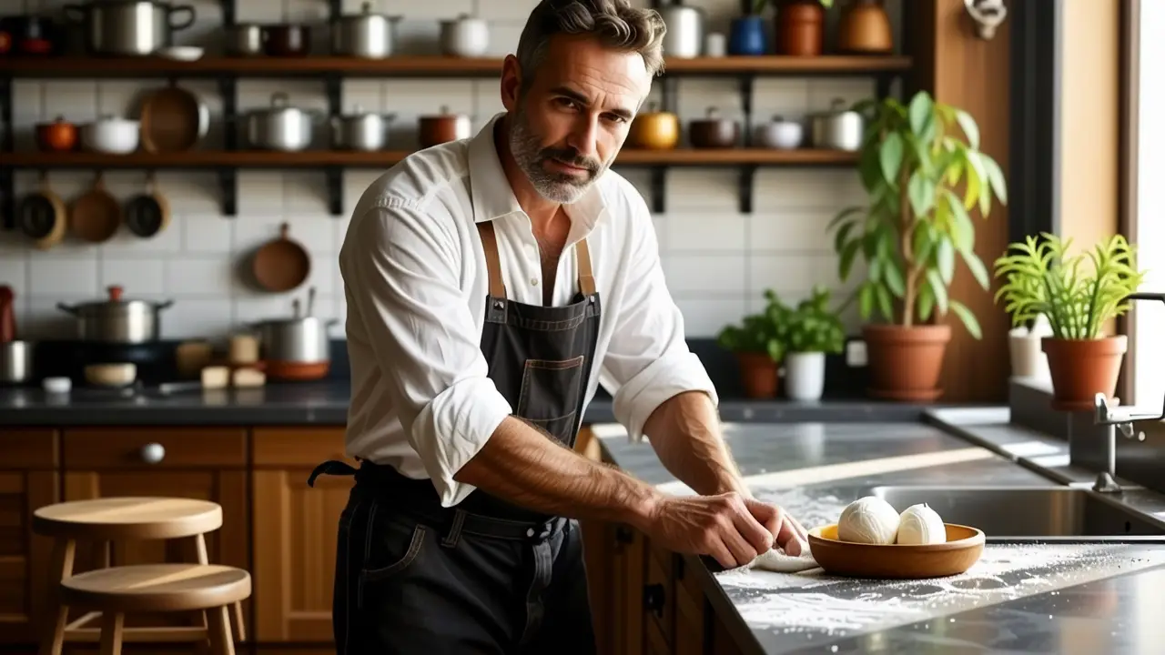 Un hombre amable limpia una cocina española cálida