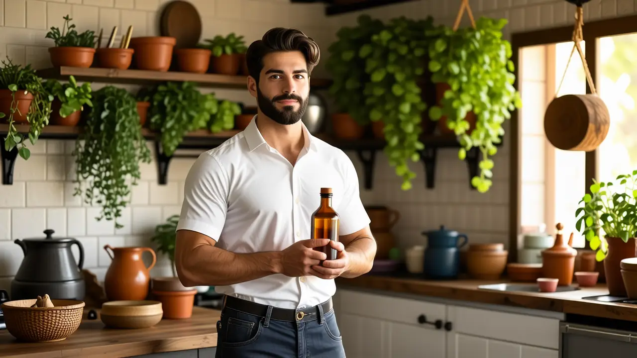 Un hombre tranquilo usa un humidificador en cocina rústica
