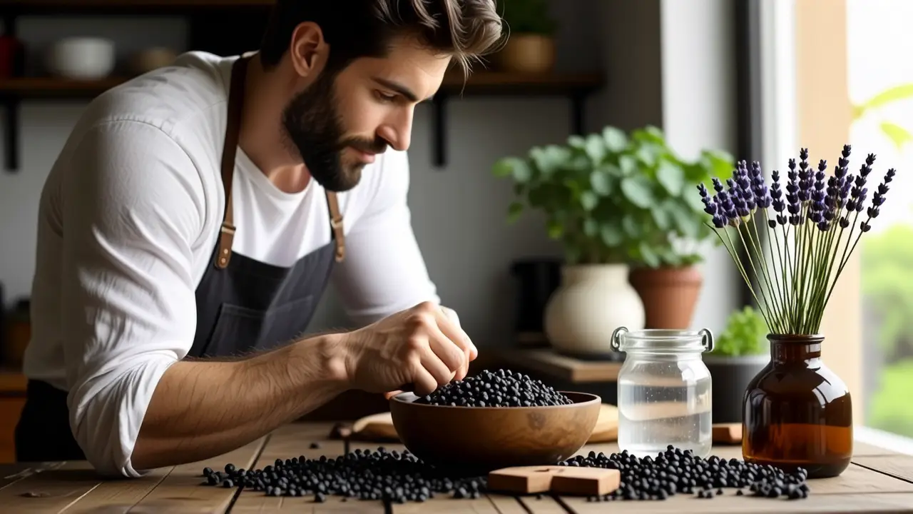 Un hombre contempla carbón en luz cálida