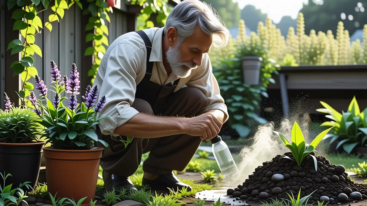 Un hombre riega el jardín con luz cálida