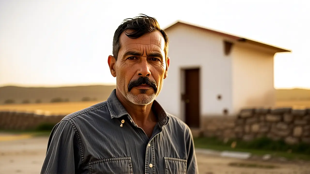 Un hombre serio observa antiasiento en rural España