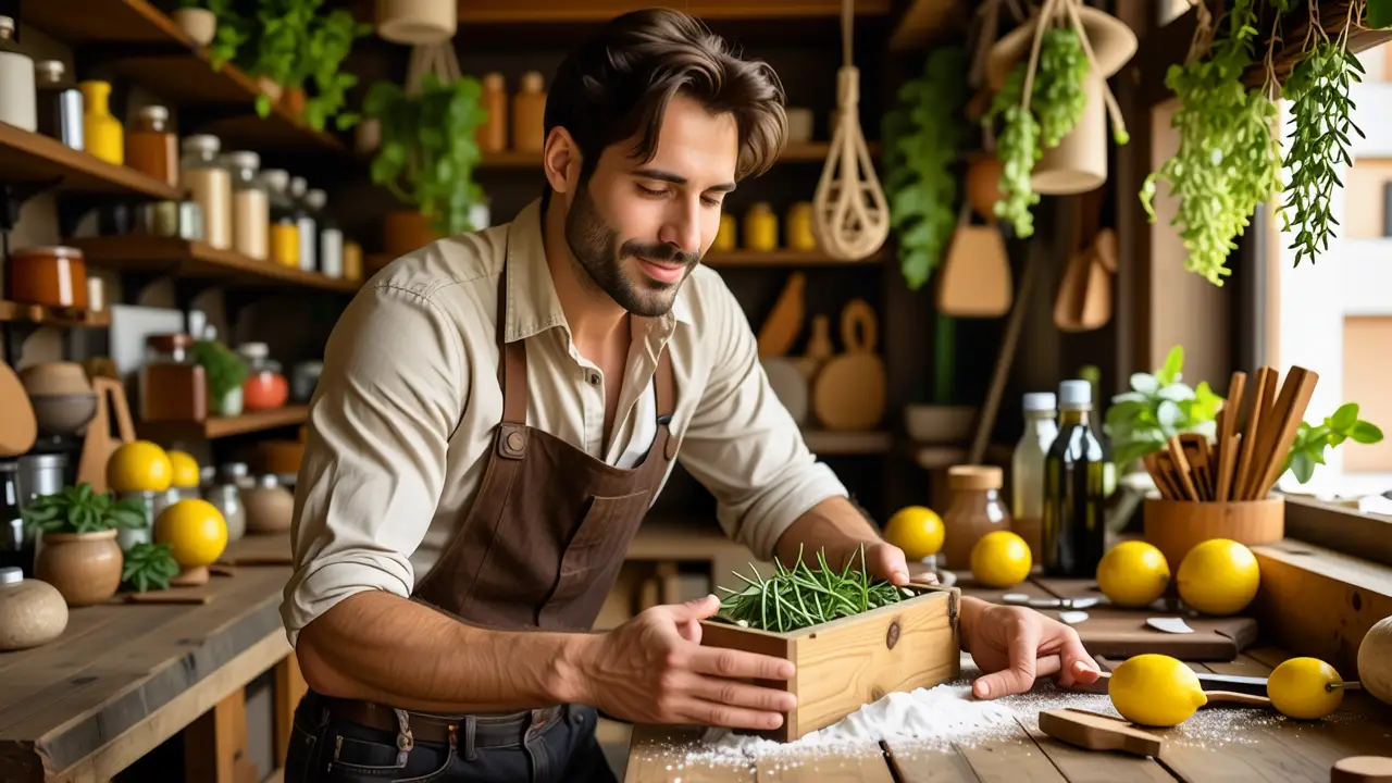 Como aclarar madera: blanquear oscura fácil 2 Un hombre amable examina ingredientes naturales en un taller rústico
