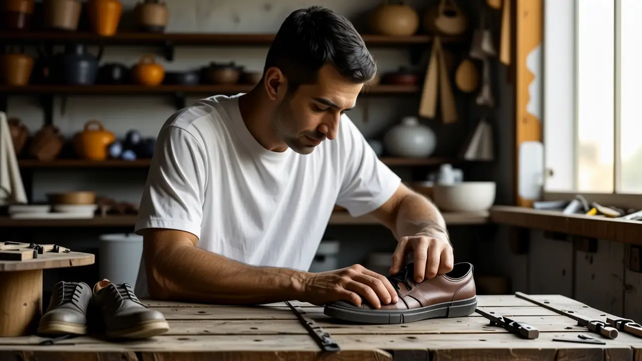 Un hombre atlético flexa el zapato en luz cálida