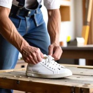 Un hombre modifica zapatillas en taller vintage