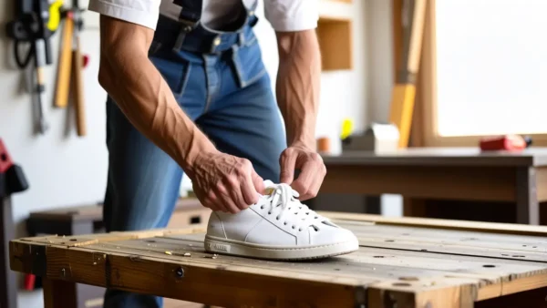 Un hombre modifica zapatillas en taller vintage