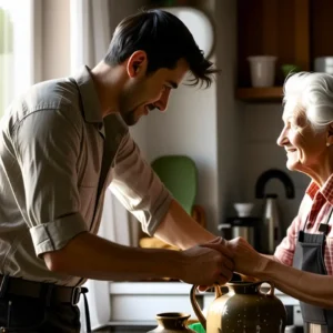 Un hombre pensativo recibe ayuda en cocina