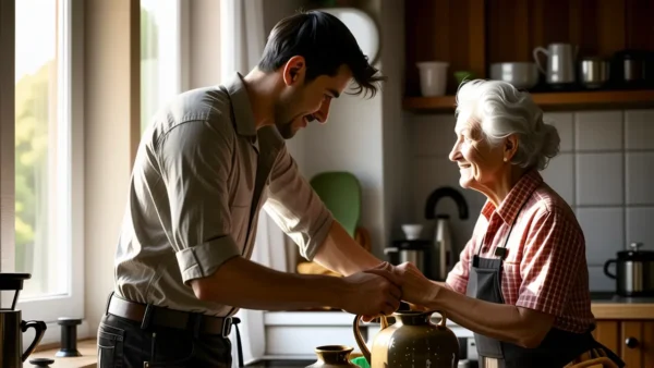 Un hombre pensativo recibe ayuda en cocina