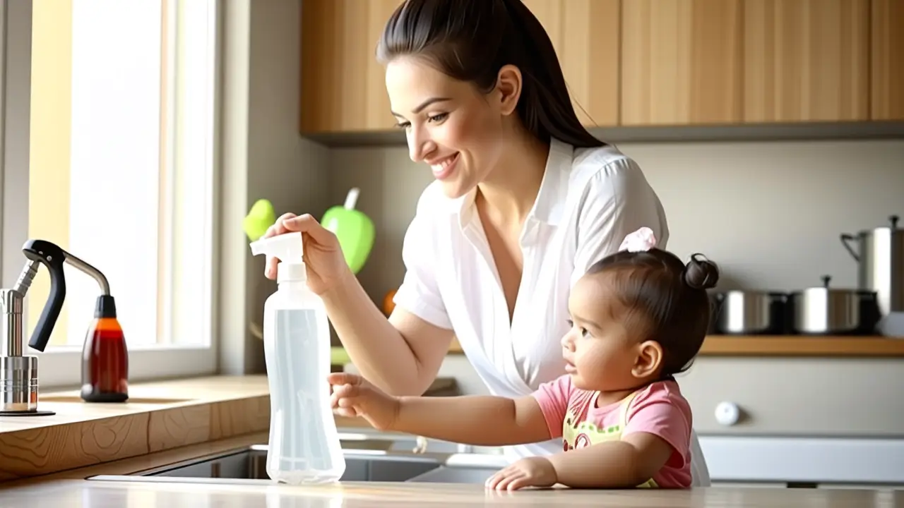 10 Usos del Agua Oxigenada: Limpieza Efectiva 2 Mujer sonríe en cocina limpia y segura