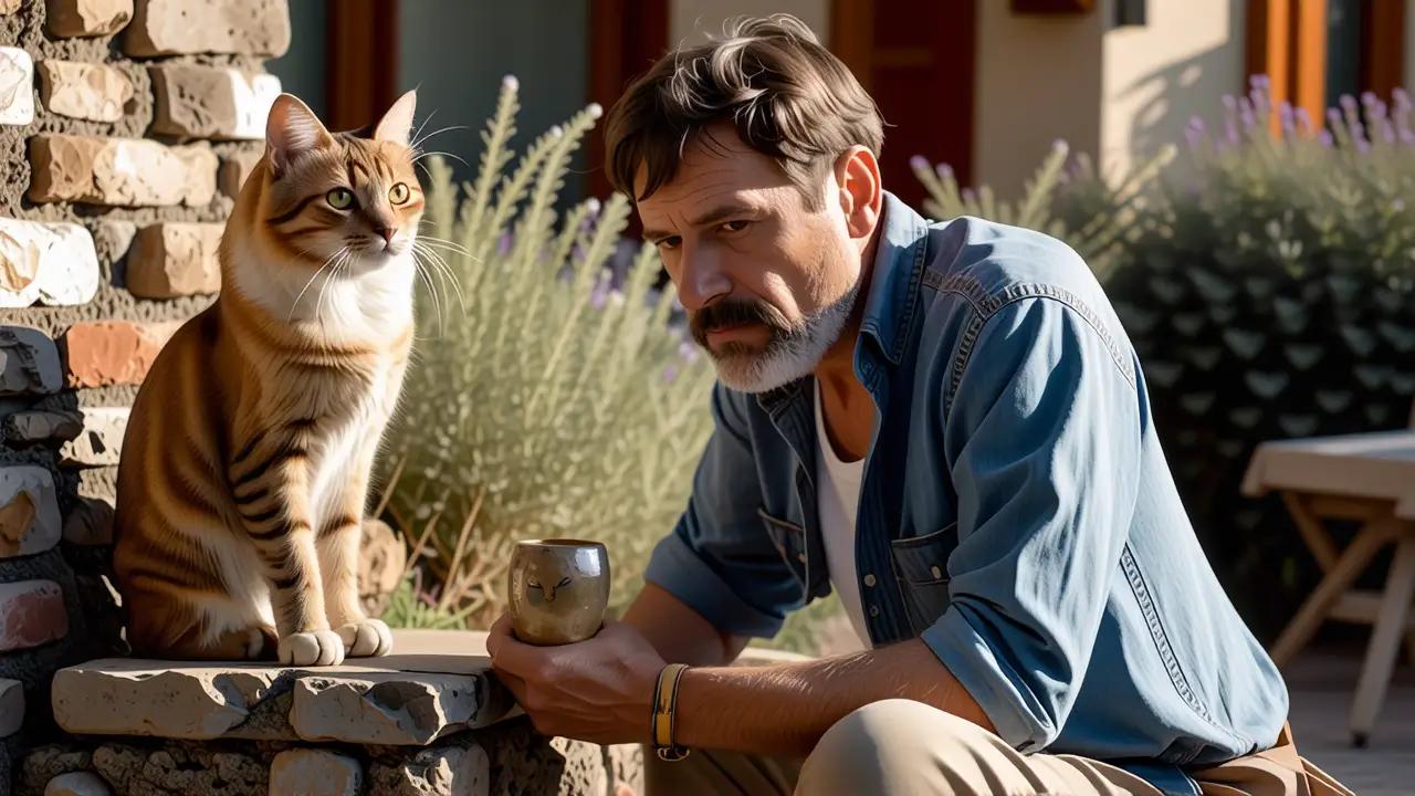 Un hombre pensativo observa un gato en un jardín