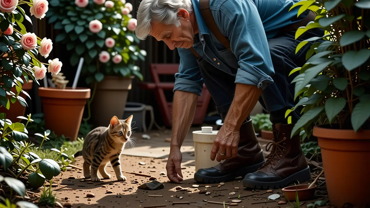 Un hombre preocupado observa un gato en el jardín