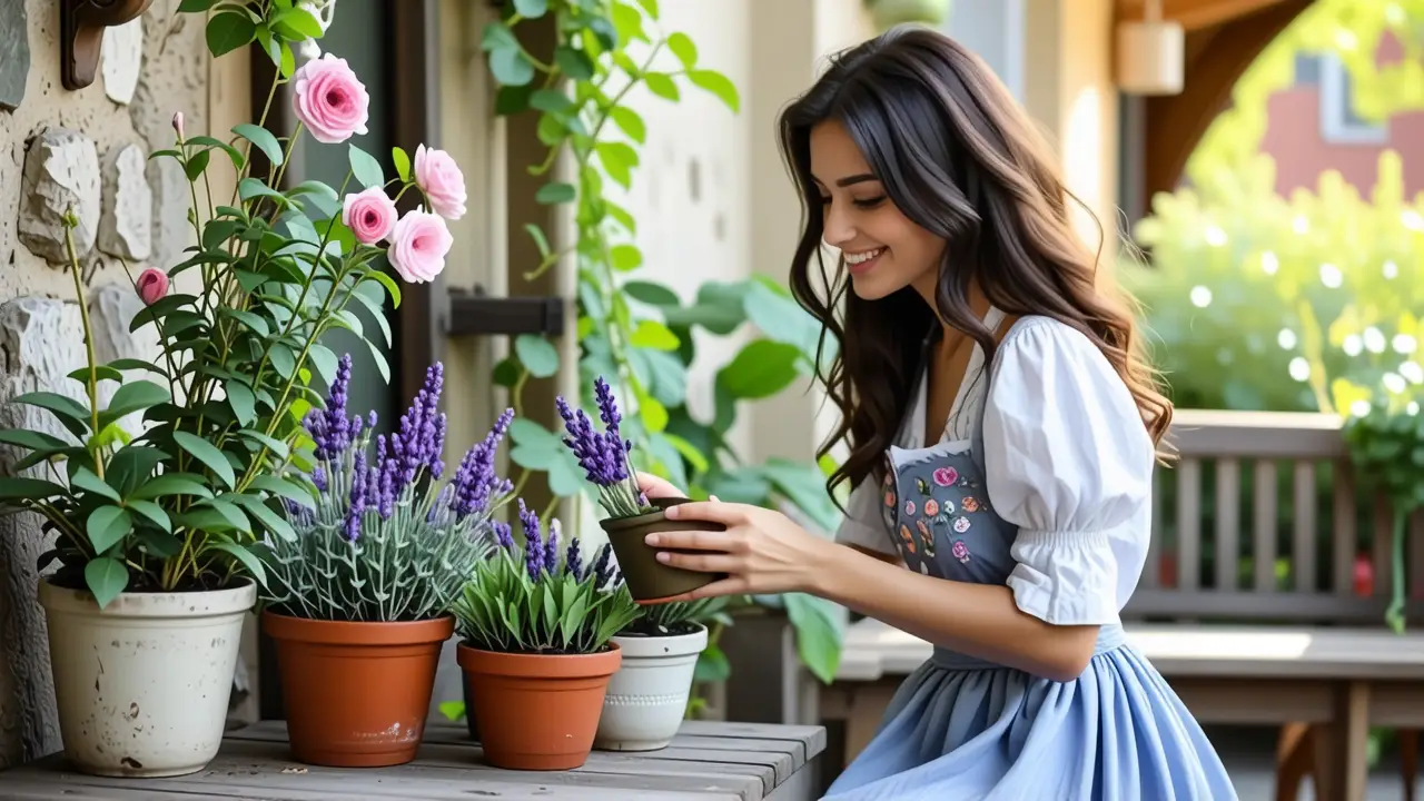Una mujer española ofrece lavanda en jardín