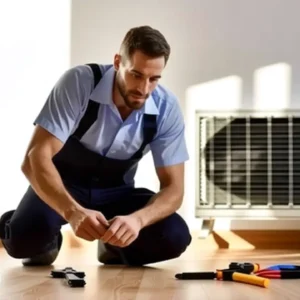 Un hombre joven limpia filtros en un hogar moderno