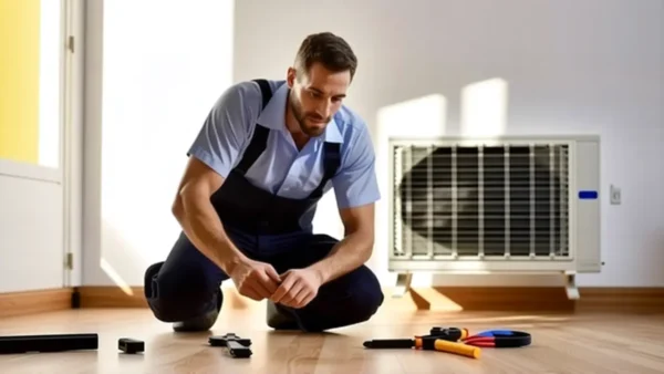 Un hombre joven limpia filtros en un hogar moderno