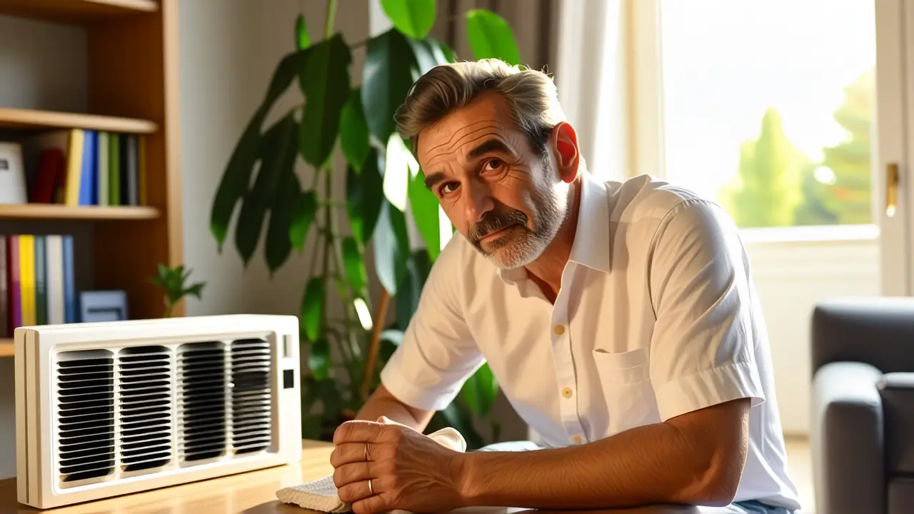 Desinfectar Aire Acondicionado: Limpieza Filtros Fácil 6 Un hombre pensativo sostiene un paño en un hogar minimalista