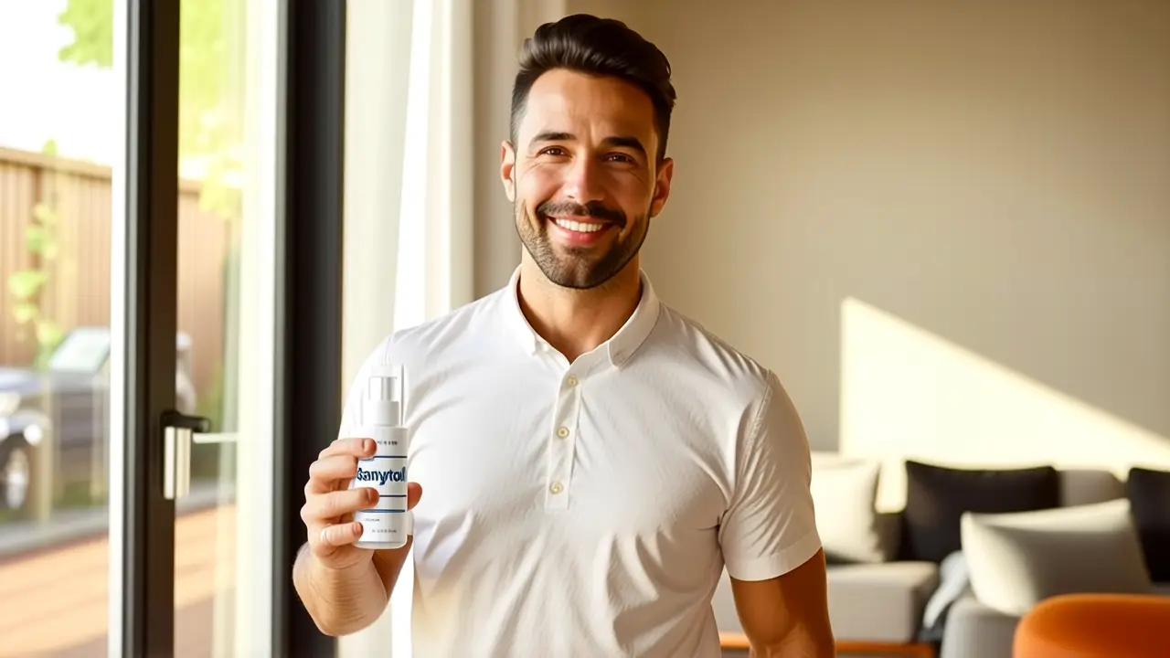 Desinfectar Aire Acondicionado: Limpieza Filtros Fácil 3 Un hombre sonríe sosteniendo desinfectante en ambiente cálido