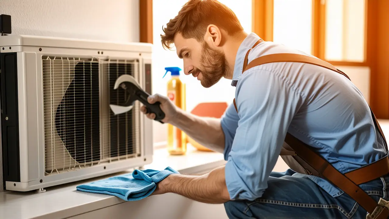 Desinfectar Aire Acondicionado: Limpieza Filtros Fácil 2 Un hombre español limpia con cuidado un filtro