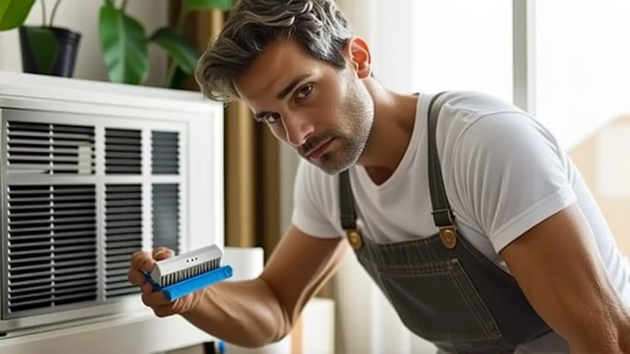 Desinfectar Aire Acondicionado: Limpieza Filtros Fácil 4 Un hombre pensativo limpia filtros con detalle