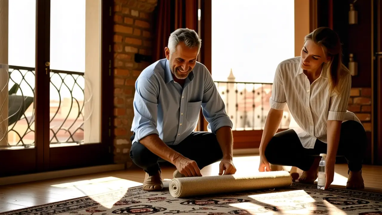 Alfombras en Vigo: Limpieza a Domicilio Fácil 5 Un hombre examina una alfombra en casa cálida