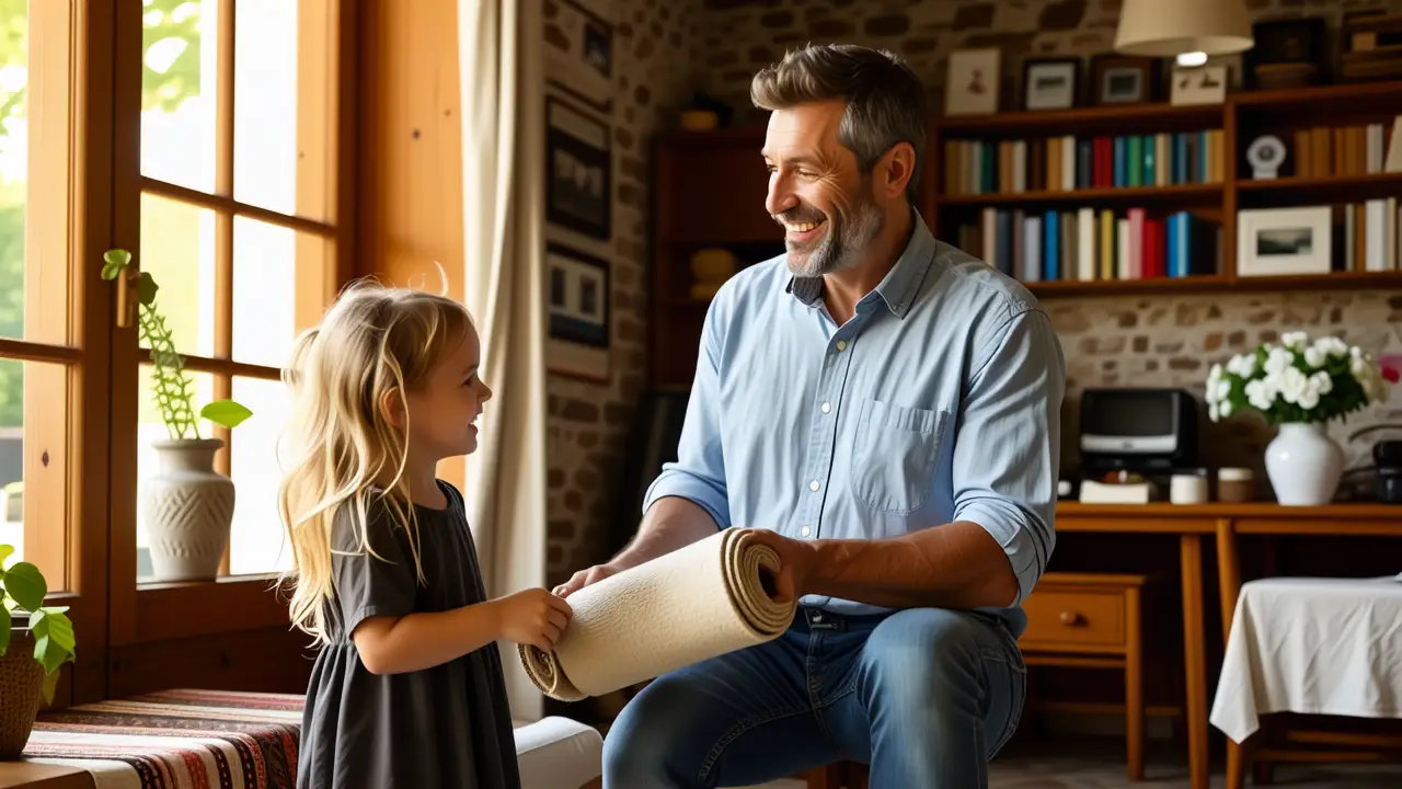 Alfombras en Vigo: Limpieza a Domicilio Fácil 2 Un hombre y su hija comparten un momento cálido en casa