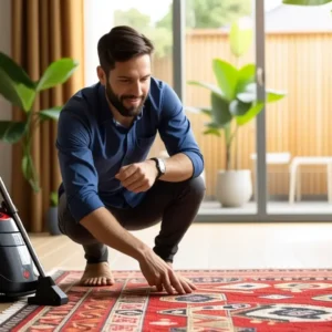 Un hombre español examina un tapiz en Vigo