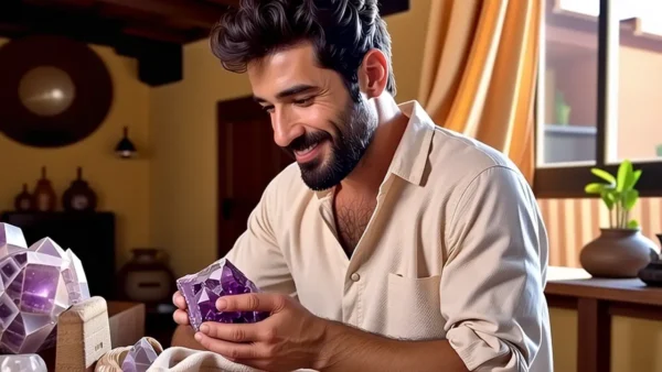 Como limpiar la amatista: guía fácil y efectiva 1 Un hombre limpia un geoda con calma