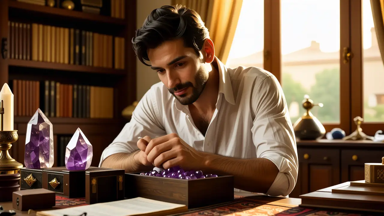 Como limpiar la amatista: guía fácil y efectiva 4 Un hombre examina un ambar en estudio cálido