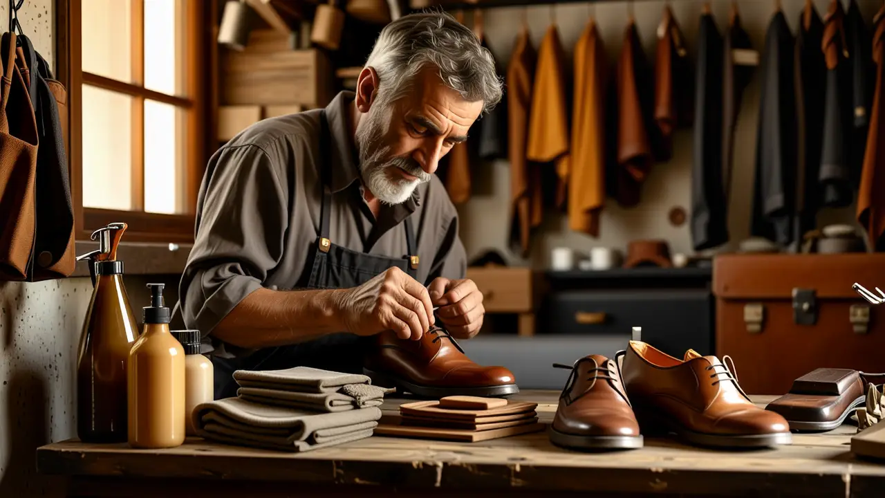 Un hombre español limpia un zapato con cuidado