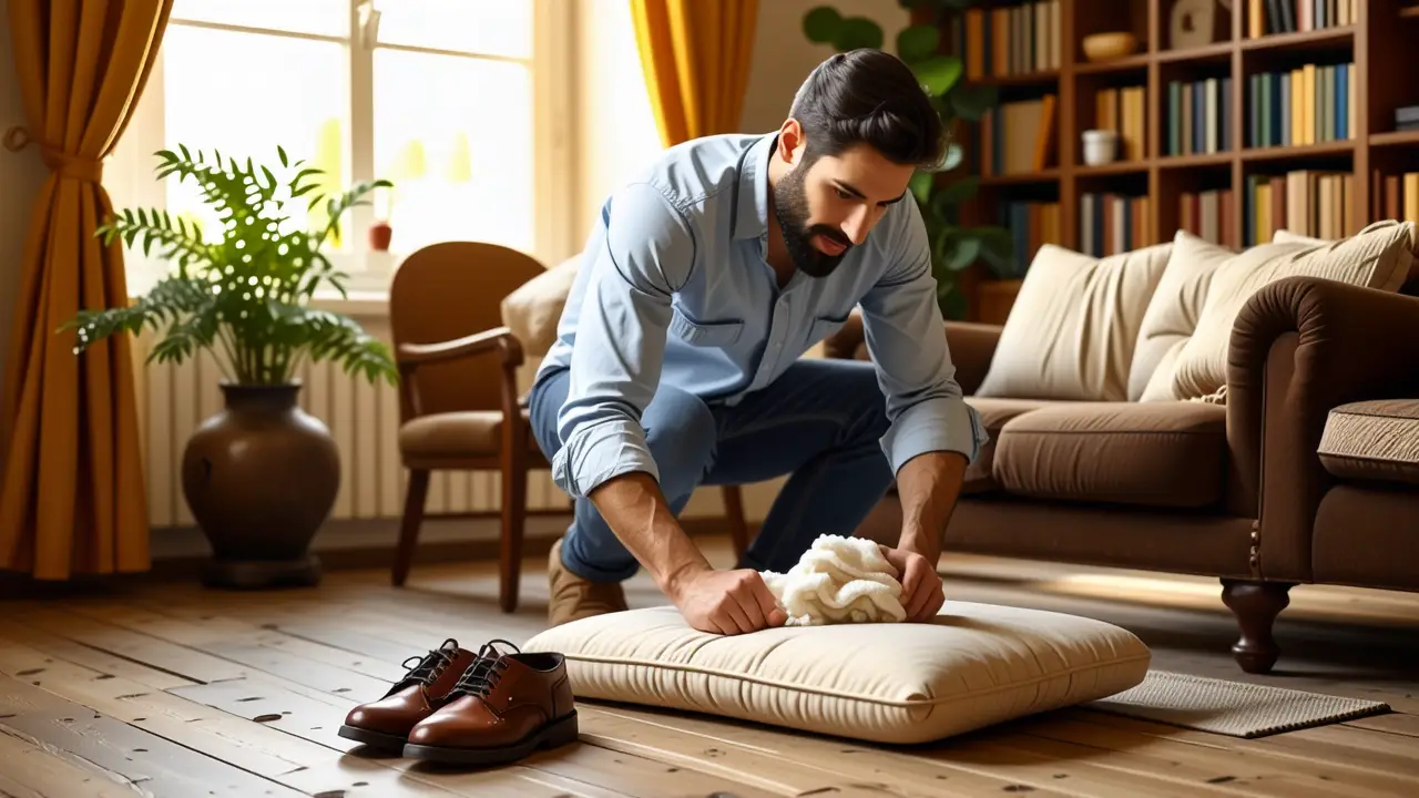 Un hombre limpia con cuidado en casa