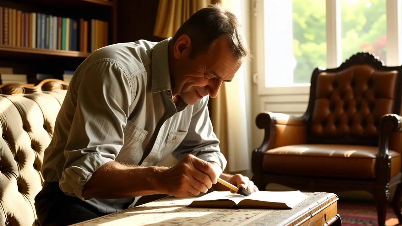 Un hombre limpiando un sofá antiguo en luz cálida