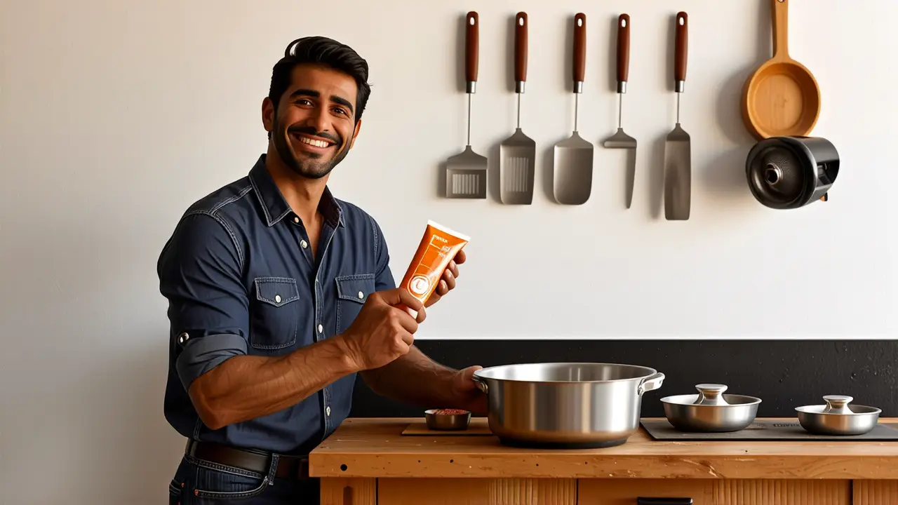 Aranazos en Acero Inoxidable: Trucos Caseros & Productos 4 Un hombre sonríe mostrando pulimento en acero