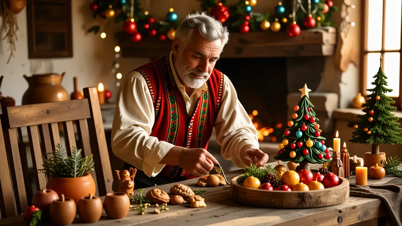 Un hombre español ofrece ornamentos navideños en un hogar rústico