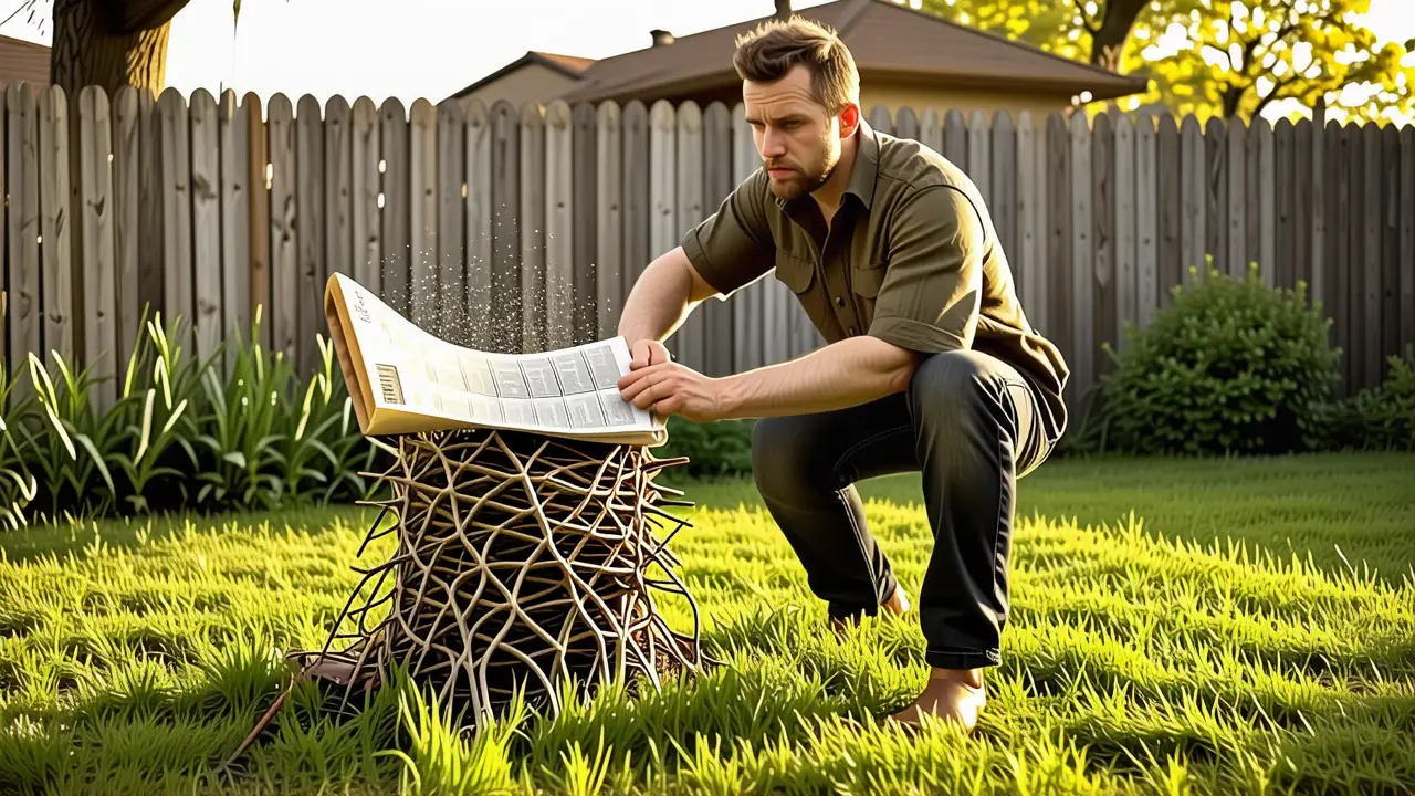 Un hombre preocupado golpea una colmena con periódico