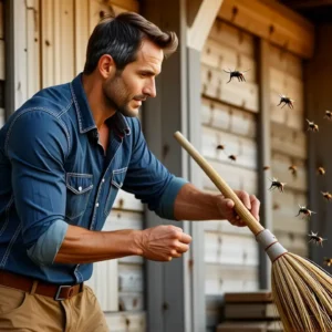 Un hombre swathea una abeja con determinación
