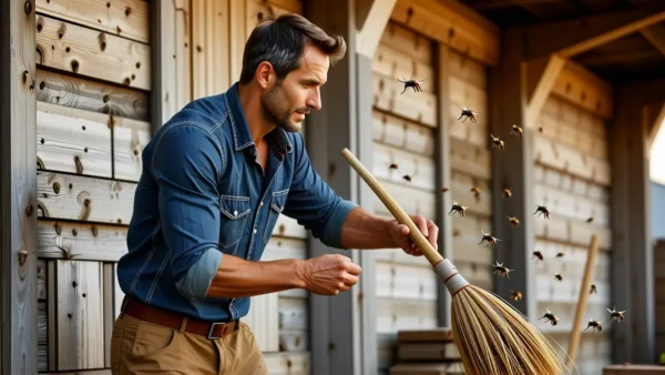 Un hombre swathea una abeja con determinación
