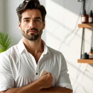 Un hombre pensativo luce en un baño sereno