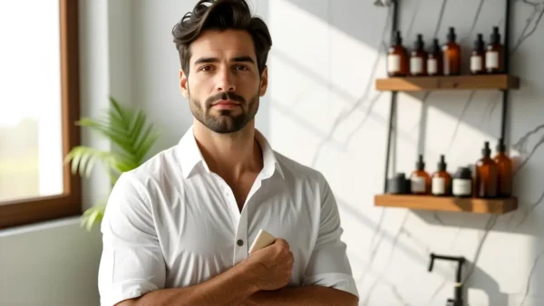 Un hombre pensativo luce en un baño sereno