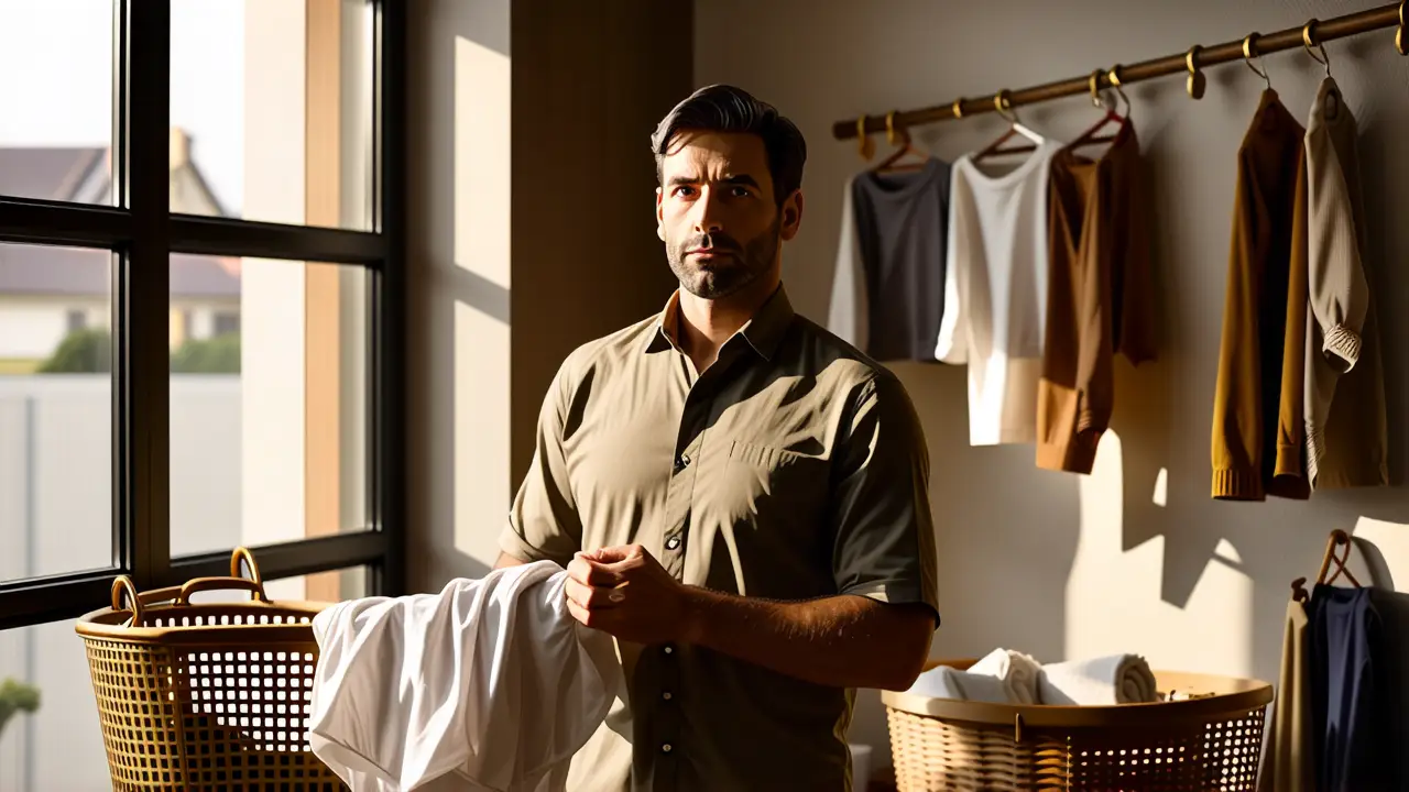 Un hombre preocupado seca la ropa al sol