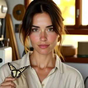 Mujer pensativa observa insectos en un taller vintage