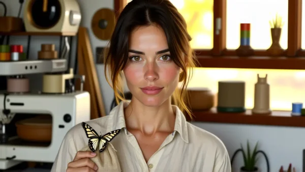 Mujer pensativa observa insectos en un taller vintage