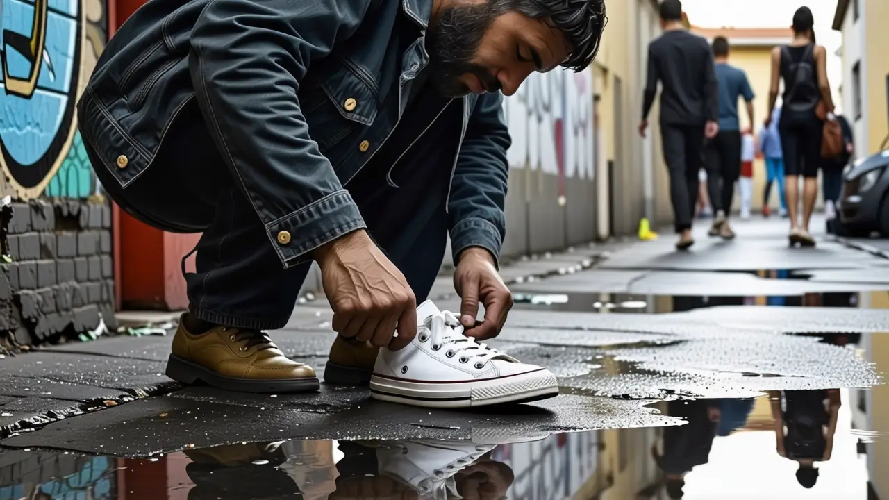 Blanquear Zapatillas Blancas: Guía Completa 4 Un hombre español limpia su zapato en la calle