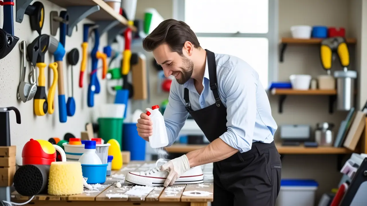 Blanquear Zapatillas Blancas: Guía Completa 3 Un hombre español limpia zapatos con alegría