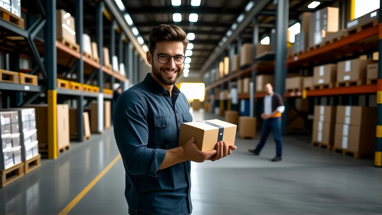 Un hombre entrega paquetes en almacén cálido