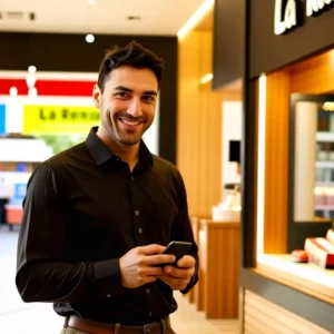 Un hombre joven sonríe frente a una tienda