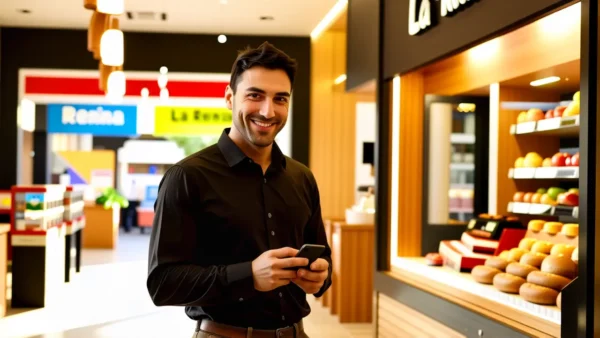 Un hombre joven sonríe frente a una tienda
