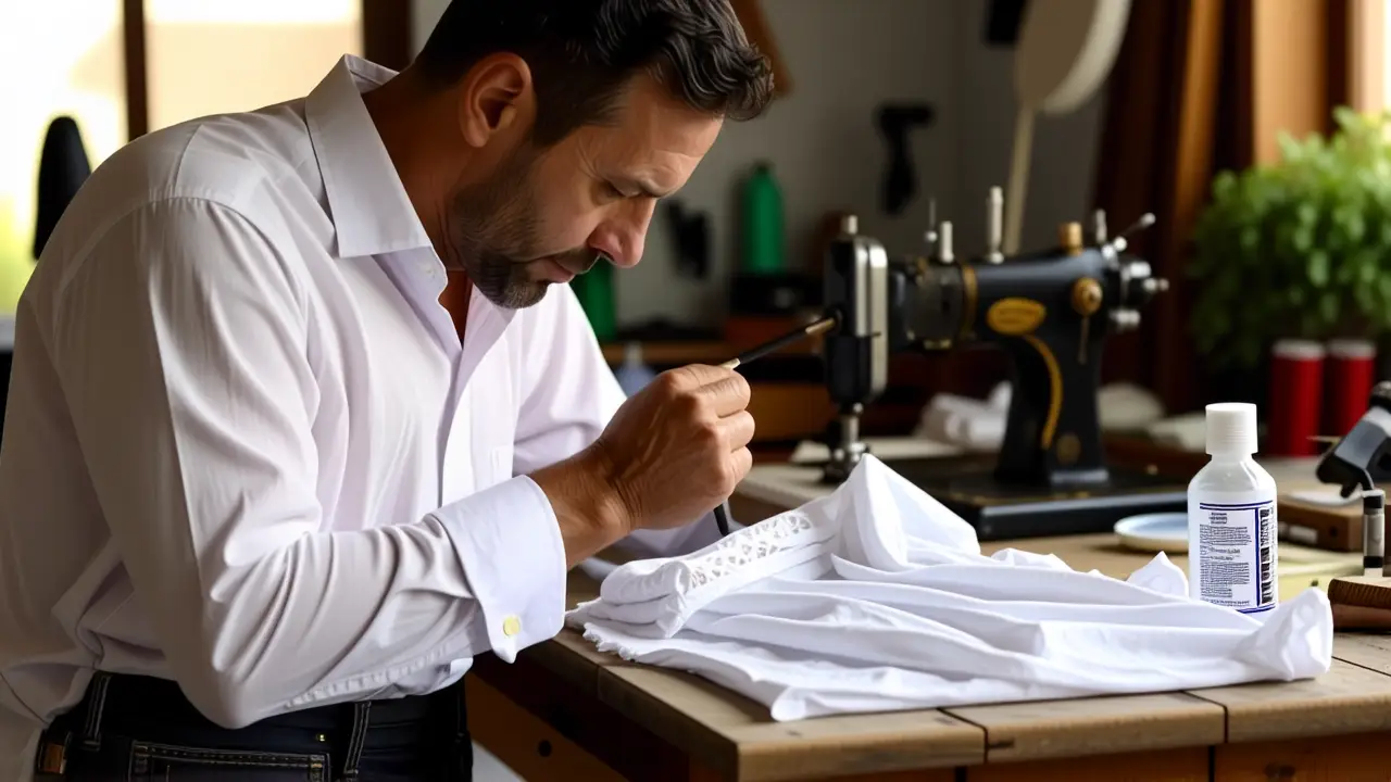 Quitar manchas de tinta en la ropa 4 Un hombre examina una camisa en taller vintage