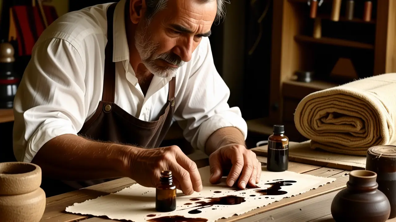 Quitar manchas de tinta en la ropa 3 Un hombre examina meticulosamente una mancha oscura