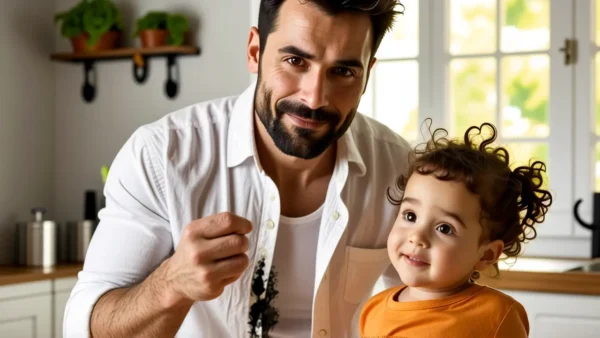 Quitar manchas de tinta en la ropa 1 Un hombre preocupado sostiene un producto en cocina