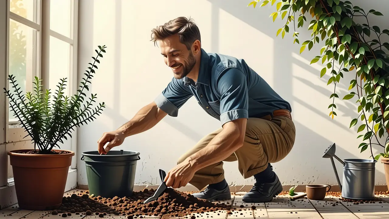 Un hombre riendo cuida compost en luz cálida