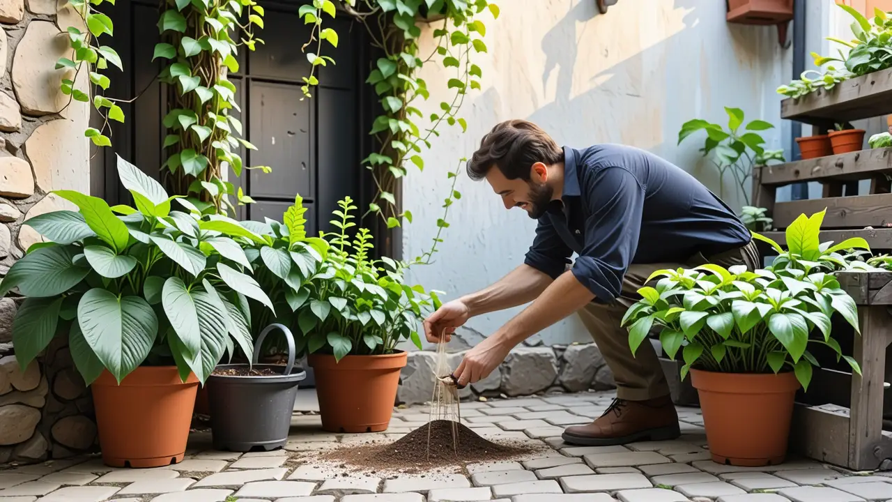Un hombre contempla plantas en un jardín rústico
