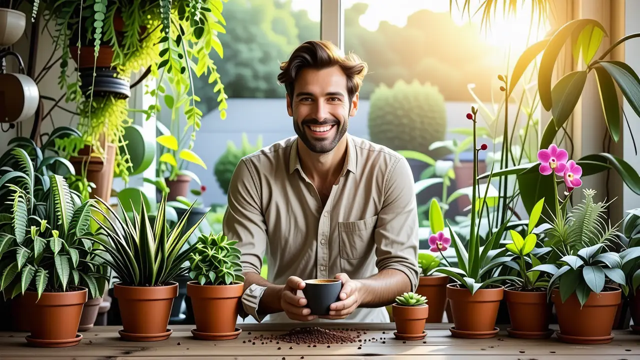 Un hombre sonríe entre plantas en luz cálida